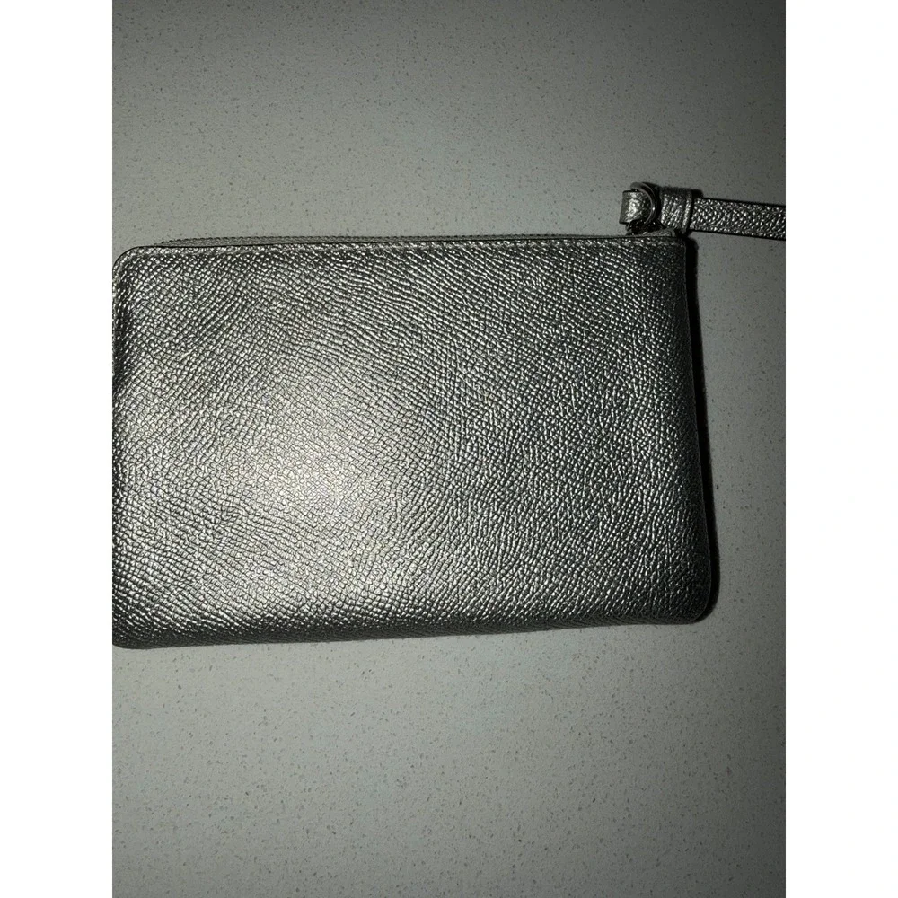 Coach Silver Crackle Canvas Corner Zip Leather Trim Wristlet ID Card Wallet